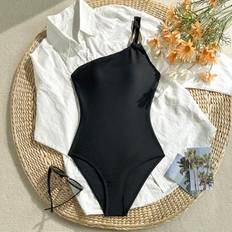Black Bathing Suits Shein Teen Girls Black One-Piece Swimsuit With Metal Buckle Accent - Black