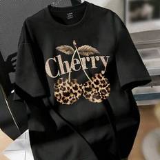 Leopard - Women T-shirts Shein Oversized Cherry Leopard Print Round Neck Short Sleeve Loose T-Shirt - Women