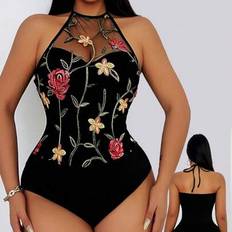 Florals Bodysuits Shein Floral Embroidered Patchwork Sexy Halter Bodysuit - Spring/Summer