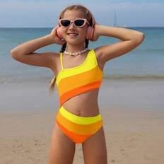 Shein Tween Girls Color Block Asymmetrical Neck One-Piece Swimsuit - Waist Design