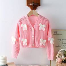 Pink Cardigans Children's Clothing Shein Young Girl V-Neck Front Button Bow Detail Long Sleeve Cardigan