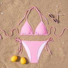 XS Bikini Sets Shein Women Summer Beach Solid Color Halter Tie Sexy Bikini Swimsuit Set