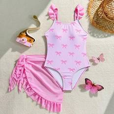 Shein Tween Girls One-Piece Swimsuit With Cute Bow Print - Summer