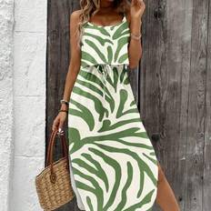 Shein Luneh Casual Zebra Print Tie-Dye Cinched Waist V-Neck Slit Cami Dress - Women