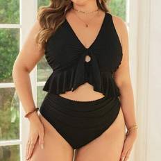 Shein Plus Size Women Jacquard Solid V-Neck Tie Front Hollow Lace Trim Slim Top To Match High Waist Pleated Front Tankini Swimsuit - Sexy Elegant
