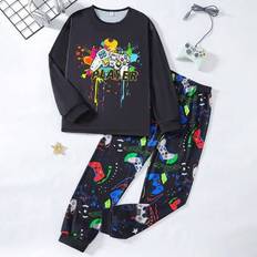 Black Pyjamases Shein Teen Boys 2pcs Pajama Set - Black Base Color Tech