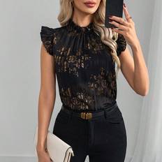 Gold - Women Blouses Shein Elegant Ruched Ruffle Collar Gold Foil Floral Print Cap Sleeve Fitted Blouse