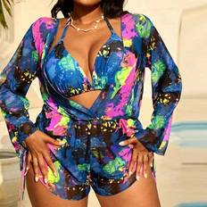 Shein Plus Size 3 Pcs Women Tie-Dye Halter Split Bikini Set - Beach/Resort