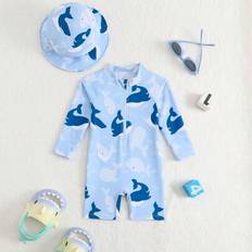 12-18M UV Clothes Shein Baby Boy Whale Print Long Sleeve Swimsuit With Sunscreen Wide Brim Swim Cap