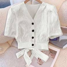 Shein Women's Short Sleeve V-Neck Textured Fabric Back Tie Design Button Up Cropped Shirt Blouse - White