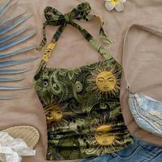 Gold Tank Tops Shein Soleia Women's Holiday Gold Sun God Paisley Print Vacation Halter Neck - Green