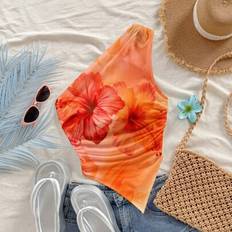Tie Dye Blouses Shein Soleia Casual Vacation Style Hibiscus Tie Dye Tropical Floral Print Sexy Women's Asymmetric Hem Asymmetrical Neck Blouse - Summer