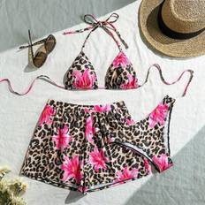 L Bikini Sets Shein 3pcs High Stretch Lily & Leopard Print Sexy Tie-Front Bikini Swimwear Set - Lily/Leopard
