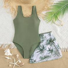 Green Bathing Suits Children's Clothing Shein Tween Girls Vacation Style Swimsuit With Tropical Plant Print Mesh Skirt - Green