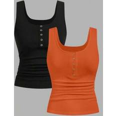 Shein Buttoned Criss-Cross Back Pleated Summer Tank Tops - Black/Orange