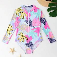 Pink Bathing Suits Children's Clothing Shein Young Girl 2025 New One Piece Printed Swimsuit - Zipper Long Sleeve