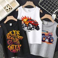 Sleeveless Tank Tops Shein Monster Truck Graphic Pack Of Casual Sleeveless Tanks - Young Boys