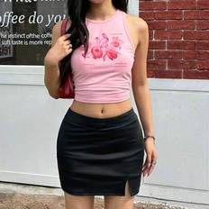 Black Skirts Shein Casual Minimalist Comfortable Mid-Waist Slit Hem Short Skirt