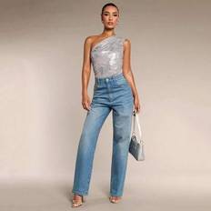 Silver Shapewear & Under Garments Shein Women's Summer Silver Foil Decorated Sleeveless Bodysuit