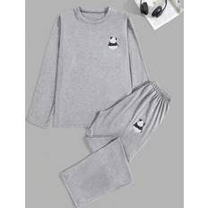 Men - Stretch Sleepwear Shein Cotton Men's Panda Printed Long Sleeve T-Shirt And Pants Sleepwear Set