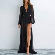 Polyester Swimsuit Cover-Ups & Sarong Wraps Shein Women Chiffon Bikini Cover Ups Long Sleeve Deep V Neck See Through Long Dress Tie-Up Robe