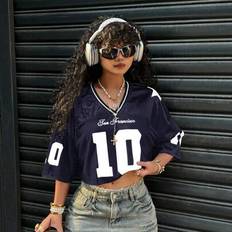 Shein Satin & Mesh Panel Summer Casual Graphic Print T-Shirt - Navy Blue
