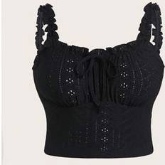 Shein Plus Size Vacation Style Valentine's Day Romantic Black Sheer Ruffle Trim Camisole - Black