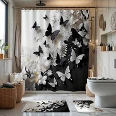 Shein 3D Black And White Butterfly Floral Theme Bathroom Shower Curtain Sets 12 Hooks