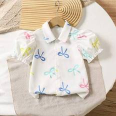 Florals Shirts Children's Clothing Shein Young Girl Bow Floral Print Short Puff Sleeve Single Breasted Casual Shirt