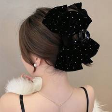Hair Products Shein Ladies Solid Color Flocked & Rhinestone Decor Dual Layer Bowknot Large Hair Claw Clip 1pc