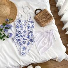 Shein Teen Girls Vacation Ditsy Floral Side Bow Decor Casual One-Piece Swimsuit With Cover-Up Skirt