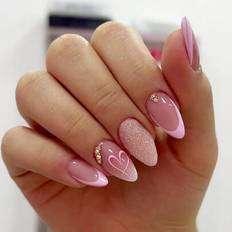 Pink False Nails Shein Add A Touch Of Romance With 24pcs Medium Almond Shape Press On Nails - Pink French Heart/Glitter