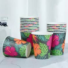 Shein Tropical Rainforest Green Leaves Fresh Grass Pink Flower Themed Disposable Paper Cups 250ml