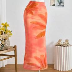 Orange Skirts Shein Teen Girls Retro Oversized Floral Mesh Print Snug Fit - Orange