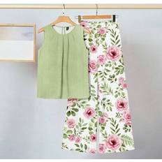 Shein Women Green Mock Seam Top And Pink Floral Print Pants Set - Green