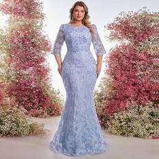Shein Plus Size Elegant Romantic Beaded Rhinestone Embellished Lace Midi Sleeve Fish Tail Formal Party Dress - Navy Blue