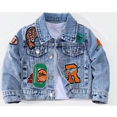 9-12M Jackets Shein Sporty Street Tiger English Football Embroidered Ripped Jacket - Light Blue Denim