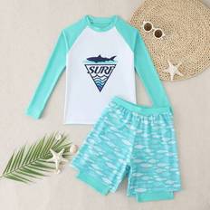 Elastane UV Sets Children's Clothing Shein Tween Boy Shark Print Raglan Sleeve Rash Guard & Swim Trunks Set