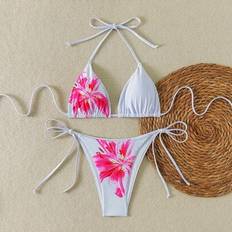 White Bikini Sets Shein Floral Print Halter Bikini Set With Tie Front Top And Tie Side Bottoms - Summer Swimwear
