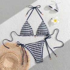 Stripes Bikini Sets Shein Ladies Striped And Water Ripple Split Swimsuit - Careful Mach