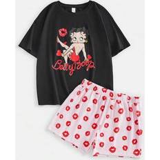 Shein Women Summer Cartoon Portrait Graphic Short Sleeve Top And Lip Print Shorts Pajama Set
