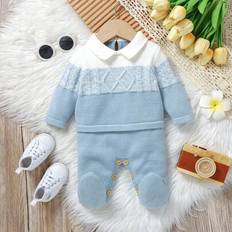 Blue Jumpsuits Children's Clothing Shein Diamond-Shaped Knitted Footed Jumpsuit With Long Sleeves - Light Blue