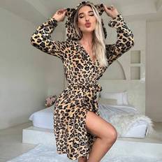 Leopard Robes Shein Leopard Print 3D Ear Design Hooded Belted Flannel Robe