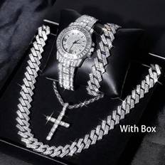 Unisex Jewellery Sets Shein Hip Hop Gift Watch Cross Pendant Necklace Bracelet - Iced Out