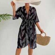 M Swimsuit Cover-Ups & Sarong Wraps Shein Tropical Plant Print Belted Beach Cover Up - Summer
