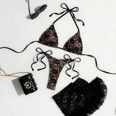 Shein Swim Vcay Summer 3pcs Black Sexy Lace Flounce Mini Skirt Triangle Cup Bra & G-String Bikini Set