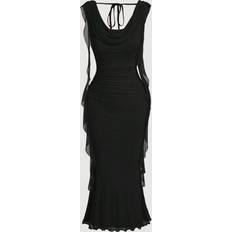 Shein Black Plunging Neck Flowy Tie Waist Cut Out Mid-Length Dress - Black