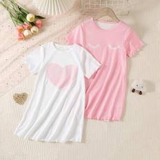 Nightgowns Shein Girls Lash Print Heart Pattern Soft Round Neck Short Sleeve Long Nightgown Loungewear