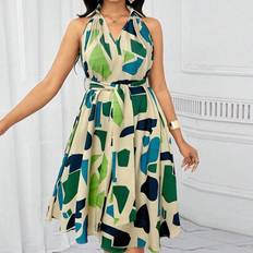 Wool Dresses Shein Holiday Dresses Geometric Print Bow Waist Dress - Summer