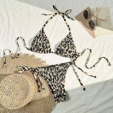 Elastane/Lycra/Spandex Bikini Sets Shein Swim Vcay 2pcs Women's Summer Beach Holiday Ruffled Leopard Print Halter Strap Bikini Swimwear Set
